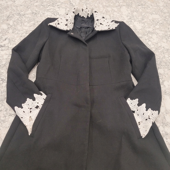 Zara Black Overcoat Jacket with White Lace Accents Women's XSmall - Picture 2 of 11